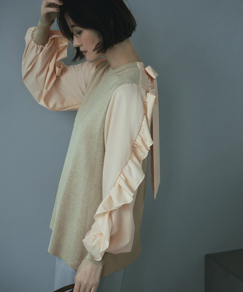 RUIRUE BOUTIQUE(ルイルエブティック)の「フリルスリーブプルオーバーニット | クルーネック トップス フリル ベーシック リボン シンプル シフォン(ニット/セーター・レディース・ベージュ/ブラック×ホワイト/ベージュ系その他・M/L)」の11枚目の写真