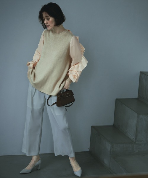 RUIRUE BOUTIQUE(ルイルエブティック)の「フリルスリーブプルオーバーニット | クルーネック トップス フリル ベーシック リボン シンプル シフォン(ニット/セーター・レディース・ベージュ/ブラック×ホワイト/ベージュ系その他・M/L)」の13枚目の写真