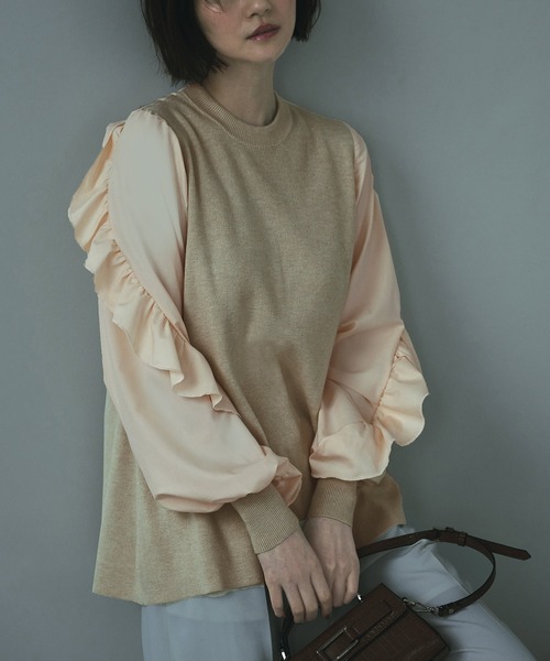 RUIRUE BOUTIQUE(ルイルエブティック)の「フリルスリーブプルオーバーニット | クルーネック トップス フリル ベーシック リボン シンプル シフォン(ニット/セーター・レディース・ベージュ/ブラック×ホワイト/ベージュ系その他・M/L)」の15枚目の写真