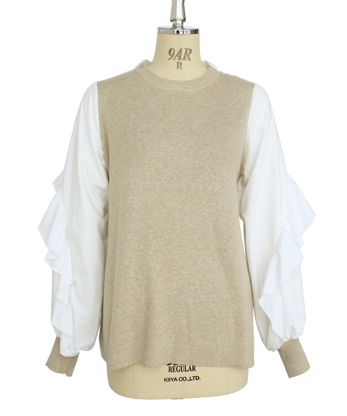 RUIRUE BOUTIQUE(ルイルエブティック)の「フリルスリーブプルオーバーニット | クルーネック トップス フリル ベーシック リボン シンプル シフォン(ニット/セーター・レディース・ベージュ/ブラック×ホワイト/ベージュ系その他・M/L)」の4枚目の写真