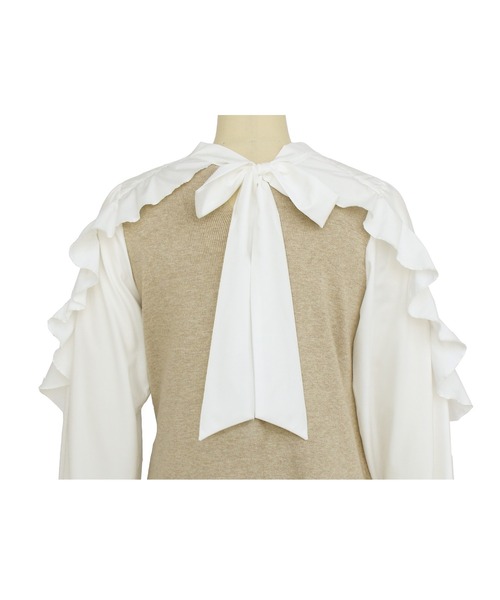 RUIRUE BOUTIQUE(ルイルエブティック)の「フリルスリーブプルオーバーニット | クルーネック トップス フリル ベーシック リボン シンプル シフォン(ニット/セーター・レディース・ベージュ/ブラック×ホワイト/ベージュ系その他・M/L)」の7枚目の写真