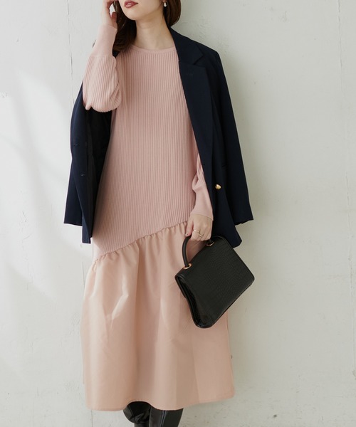natural couture（ナチュラルクチュール）の「【WEB限定カラー有り】アシメ切替えリブニットワンピース（ワンピース・レディース・ベージュ/ミント/ピンク/アイボリー/ブラウン/ブラック・FREE）」の6枚目の写真