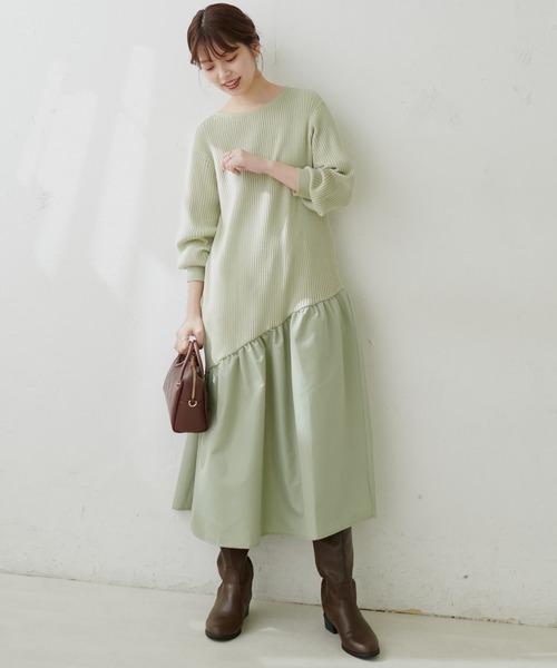 natural couture（ナチュラルクチュール）の「【WEB限定カラー有り】アシメ切替えリブニットワンピース（ワンピース・レディース・ベージュ/ミント/ピンク/アイボリー/ブラウン/ブラック・FREE）」の5枚目の写真