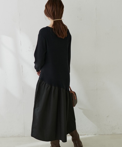 natural couture（ナチュラルクチュール）の「【WEB限定カラー有り】アシメ切替えリブニットワンピース（ワンピース・レディース・ベージュ/ミント/ピンク/アイボリー/ブラウン/ブラック・FREE）」の3枚目の写真