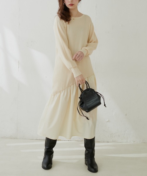 natural couture（ナチュラルクチュール）の「【WEB限定カラー有り】アシメ切替えリブニットワンピース（ワンピース・レディース・ベージュ/ミント/ピンク/アイボリー/ブラウン/ブラック・FREE）」の9枚目の写真