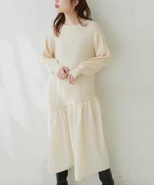 natural couture（ナチュラルクチュール）の「【WEB限定カラー有り】アシメ切替えリブニットワンピース（ワンピース・レディース・ベージュ/ミント/ピンク/アイボリー/ブラウン/ブラック・FREE）」の10枚目の写真