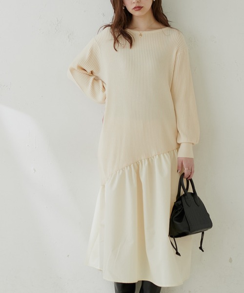natural couture（ナチュラルクチュール）の「【WEB限定カラー有り】アシメ切替えリブニットワンピース（ワンピース・レディース・ベージュ/ミント/ピンク/アイボリー/ブラウン/ブラック・FREE）」の8枚目の写真