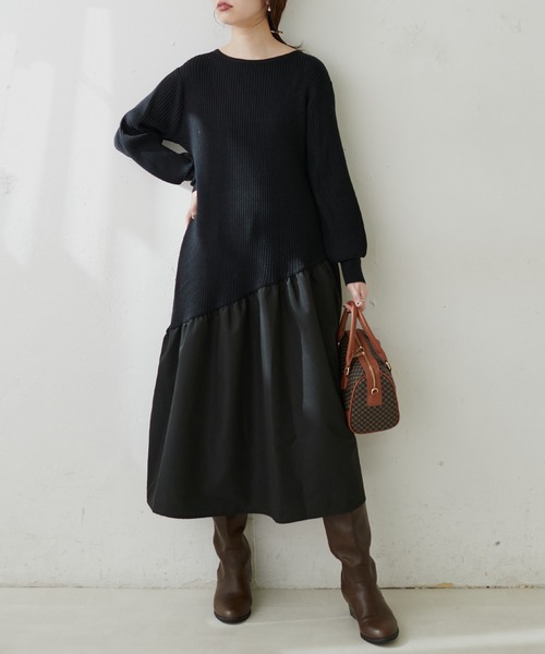 natural couture（ナチュラルクチュール）の「【WEB限定カラー有り】アシメ切替えリブニットワンピース（ワンピース・レディース・ベージュ/ミント/ピンク/アイボリー/ブラウン/ブラック・FREE）」の12枚目の写真