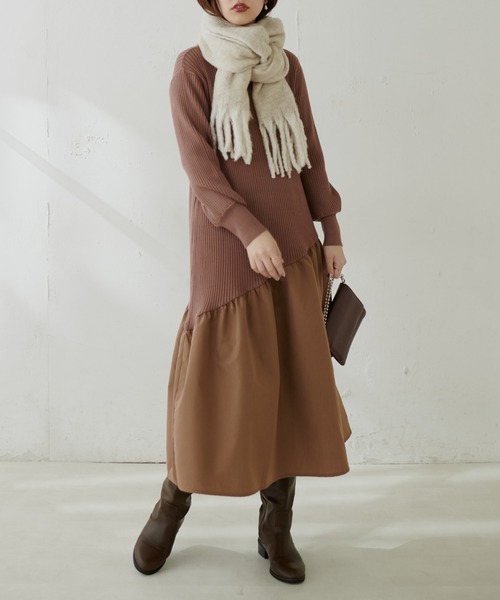 natural couture（ナチュラルクチュール）の「【WEB限定カラー有り】アシメ切替えリブニットワンピース（ワンピース・レディース・ベージュ/ミント/ピンク/アイボリー/ブラウン/ブラック・FREE）」の16枚目の写真