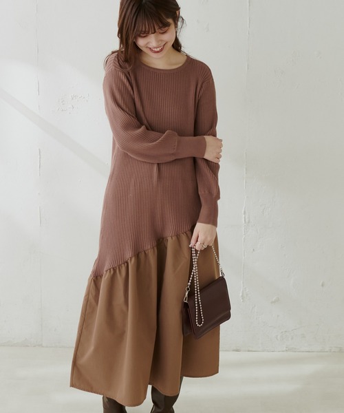 natural couture（ナチュラルクチュール）の「【WEB限定カラー有り】アシメ切替えリブニットワンピース（ワンピース・レディース・ベージュ/ミント/ピンク/アイボリー/ブラウン/ブラック・FREE）」の18枚目の写真