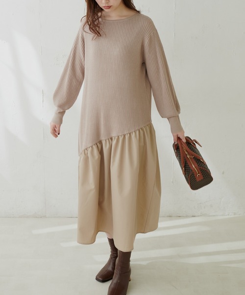 natural couture（ナチュラルクチュール）の「【WEB限定カラー有り】アシメ切替えリブニットワンピース（ワンピース・レディース・ベージュ/ミント/ピンク/アイボリー/ブラウン/ブラック・FREE）」の22枚目の写真