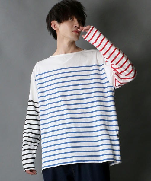 SITRY（シトリー）の「Panel border Loose silhouette boat neck T-shirt/パネルボーダー ルーズシルエット  ボートネック Ｔシャツ（Tシャツ/カットソー・メンズ・ブラック/レッド/ブルー/グリーン/ブラック系その他/ブルー系その他・M/L）」の5枚目の写真