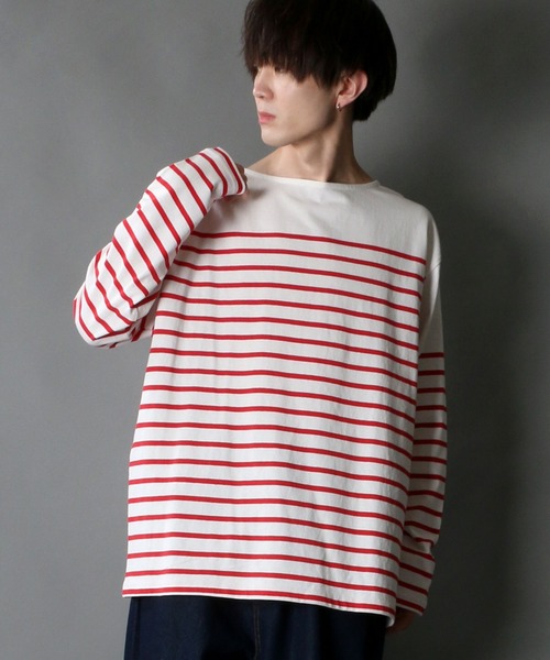 SITRY（シトリー）の「Panel border Loose silhouette boat neck T-shirt/パネルボーダー ルーズシルエット  ボートネック Ｔシャツ（Tシャツ/カットソー・メンズ・ブラック/レッド/ブルー/グリーン/ブラック系その他/ブルー系その他・M/L）」の6枚目の写真