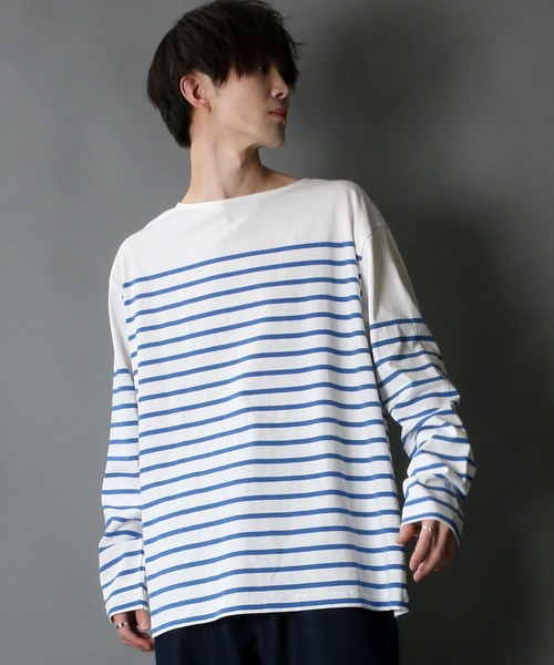 SITRY（シトリー）の「Panel border Loose silhouette boat neck T-shirt/パネルボーダー ルーズシルエット  ボートネック Ｔシャツ（Tシャツ/カットソー・メンズ・ブラック/レッド/ブルー/グリーン/ブラック系その他/ブルー系その他・M/L）」の4枚目の写真