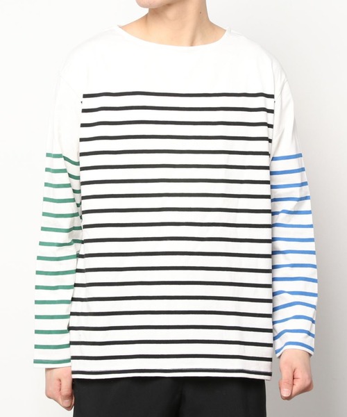 SITRY（シトリー）の「Panel border Loose silhouette boat neck T-shirt/パネルボーダー ルーズシルエット  ボートネック Ｔシャツ（Tシャツ/カットソー・メンズ・ブラック/レッド/ブルー/グリーン/ブラック系その他/ブルー系その他・M/L）」の17枚目の写真