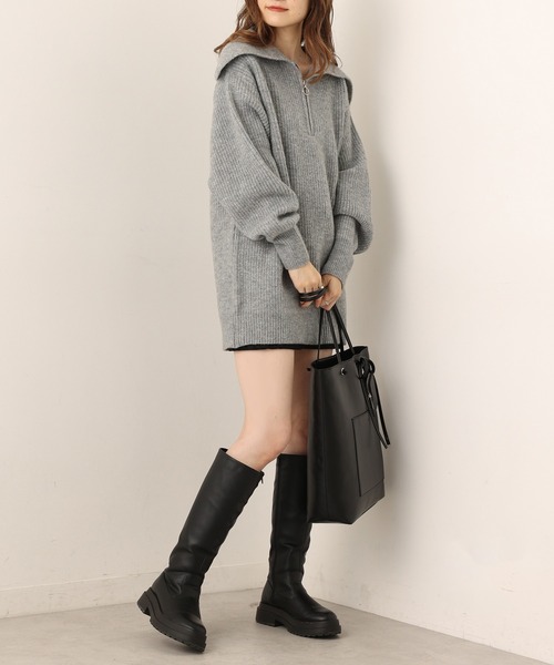 one after another NICE CLAUP（ワンアフターアナザーナイスクラップ）の「ハーフジップセーラーカラーニットワンピース（ワンピース・レディース・ブラック/ベージュ/グレー/アイボリー・FREE）」の8枚目の写真