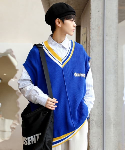 neos（ネオス）の「【neos -addictive design-】ビッグシルエット アシンメトリー ライン 刺繍 チルデン ニット ベスト（ベスト・メンズ・ホワイト/ブラック/グリーン/ブルー/イエロー・LARGE/MEDIUM）」の4枚目の写真