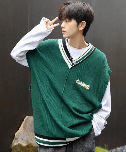 neos（ネオス）の「【neos -addictive design-】ビッグシルエット アシンメトリー ライン 刺繍 チルデン ニット ベスト（ベスト・メンズ・ホワイト/ブラック/グリーン/ブルー/イエロー・LARGE/MEDIUM）」の3枚目の写真