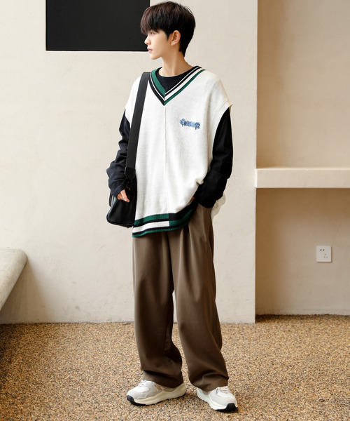 【ビッグサイズ】エフシーイー／チルデンニットベスト　リブライン　ネイビー　無地 セール】【neos -addictive design-】ビッグシルエット