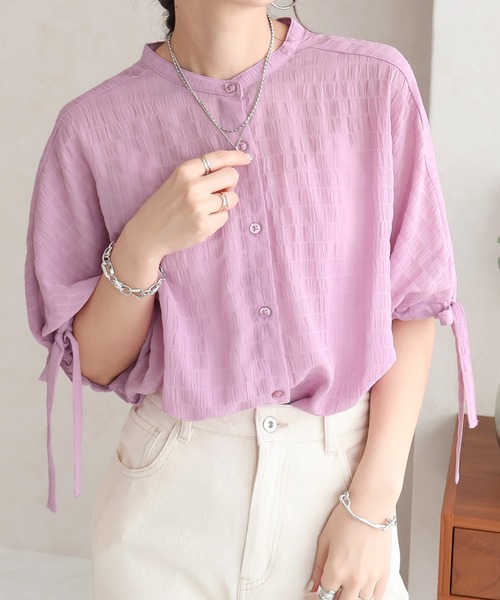 Social GIRL（ソーシャルガール）の「袖リボンバンドカラーシャツブラウス（シャツ/ブラウス・レディース・ブラック/パープル/オフホワイト/ブルー/モカ・S/M/L）」の5枚目の写真