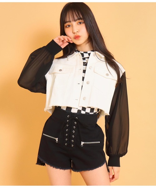 ANAP GiRL(アナップガール)の「袖シフォンショートGジャン(デニムジャケット・キッズ・ホワイト/ライトブルー・S/M/XS)」の6枚目の写真