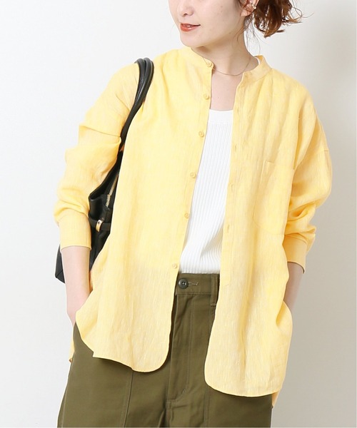 美品 スピックアンドスパン フレンチリネン レギュラーカラー 長袖シャツ◆黄色 美品 スピックアンドスパン フレンチリネン レギュラーカラー