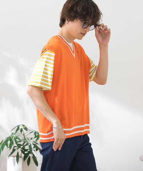 HEYUMM(ヘユム)の「配色カラーサマーニットベスト(ニット/セーター・メンズ・ライトブルー/ピンク/オレンジ・ONE)」の7枚目の写真