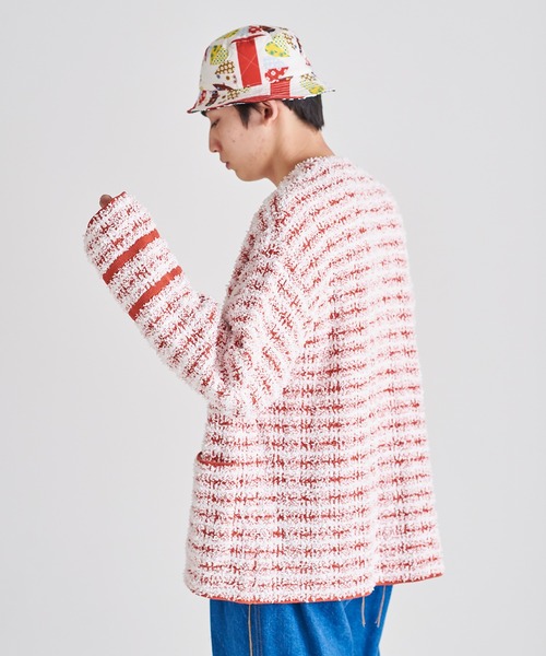 DISCOVERED（ディスカバード）の「TWEED KNIT CARDIGAN JACKET（ノーカラージャケット・メンズ・ホワイト×レッド/ブラック×ホワイト・1/3/2）」の9枚目の写真