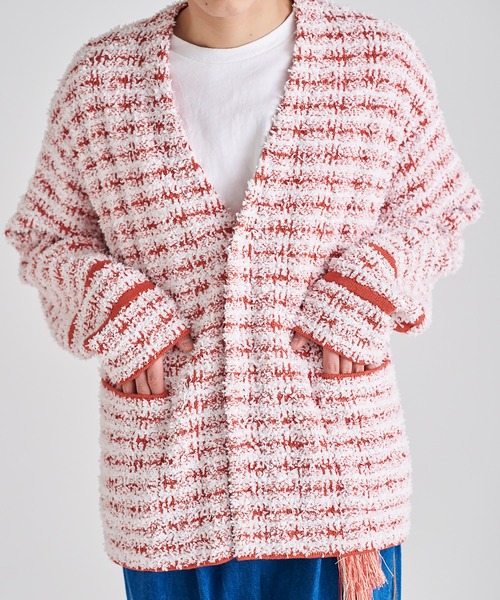 DISCOVERED（ディスカバード）の「TWEED KNIT CARDIGAN JACKET（ノーカラージャケット・メンズ・ホワイト×レッド/ブラック×ホワイト・1/3/2）」の6枚目の写真