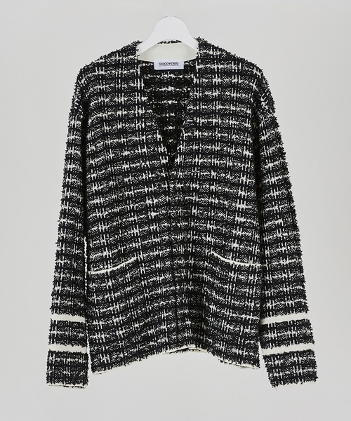 DISCOVERED（ディスカバード）の「TWEED KNIT CARDIGAN JACKET（ノーカラージャケット・メンズ・ホワイト×レッド/ブラック×ホワイト・1/3/2）」の7枚目の写真