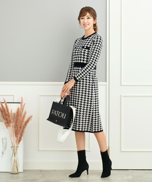 Prima Scherrer(プリマシェレル)の「千鳥格子 ニットジャカード ワンピース Prima Scherrer(ワンピース・レディース・ピンク/ブラック/グレー・M/S)」の2枚目の写真