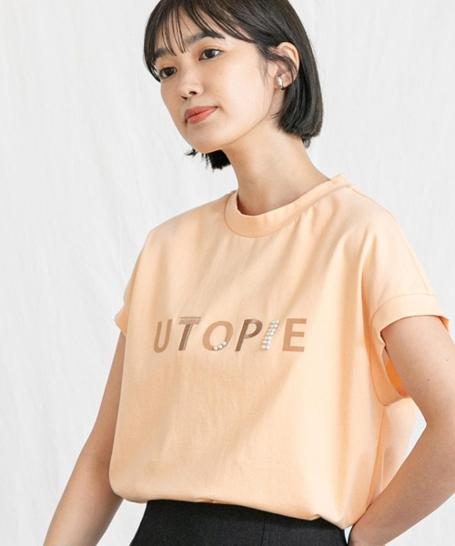 Gready Brilliant(グレディブリリアン)の「UTOPIEパールロゴTシャツ(Tシャツ/カットソー・レディース・ライトグレー/オレンジ/オフホワイト/チャコールグレー・FREE)」の4枚目の写真