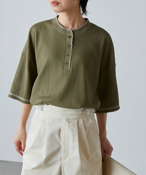matsufuji マツフジ ビッグワッフル オーバーサイズヘンリーネックシャツ 別注 Big Waffle V-Neck Shirt(2 BLACK): MATSUFUJI: MENS｜CONZ