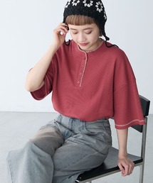 【forksy.】オーバーサイズワッフルヘンリーネック配色ステッチTシャツ