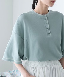 【forksy.】オーバーサイズワッフルヘンリーネック配色ステッチTシャツ