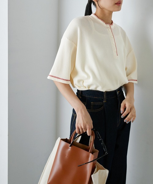 forksy.】オーバーサイズワッフルヘンリーネック配色ステッチT