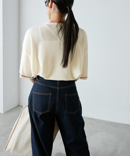 forksy.(フォルクシー)の「【forksy.】オーバーサイズワッフルヘンリーネック配色ステッチTシャツ(Tシャツ/カットソー・レディース・カーキ/ホワイト×ブラック/アイボリー/杢グレー/スカイブルー/ダークオレンジ・FREE)」の19枚目の写真