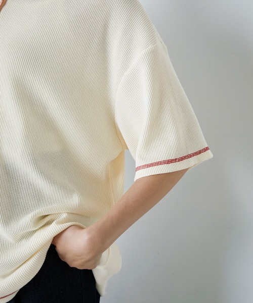 forksy.】オーバーサイズワッフルヘンリーネック配色ステッチTシャツ