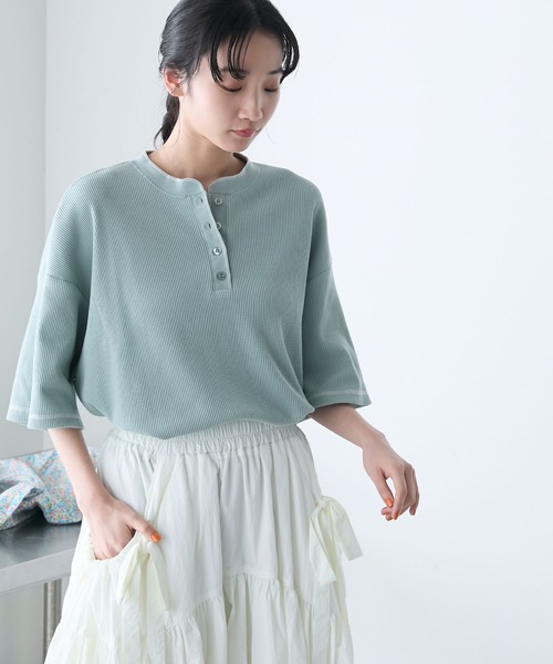 セール】【forksy.】オーバーサイズワッフルヘンリーネック配色
