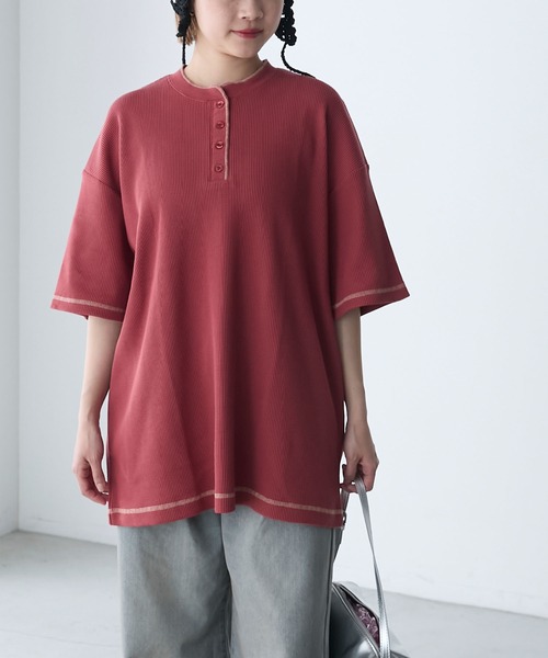 ヘンリーネック ステッチ Tシャツ 3色 バイカラー 韓国 cr8994 ヘンリーネック ステッチ Tシャツ バイカラー 韓国 3色 hr8994