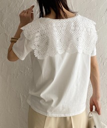 クロシェ編みレースビッグ襟セーラーカラー半袖Tシャツ