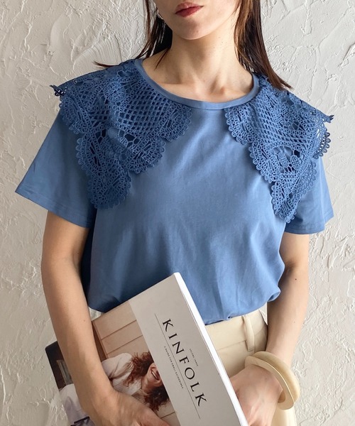 She's Closet（シーズクローゼット）の「クロシェ編みレースビッグ襟セーラーカラー半袖Tシャツ（Tシャツ/カットソー・レディース・ブラック/オフホワイト/ブルー・FREE）」の2枚目の写真