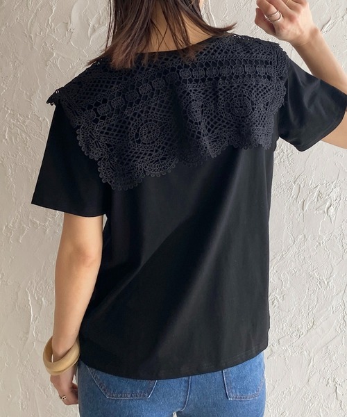 She's Closet（シーズクローゼット）の「クロシェ編みレースビッグ襟セーラーカラー半袖Tシャツ（Tシャツ/カットソー・レディース・ブラック/オフホワイト/ブルー・FREE）」の3枚目の写真