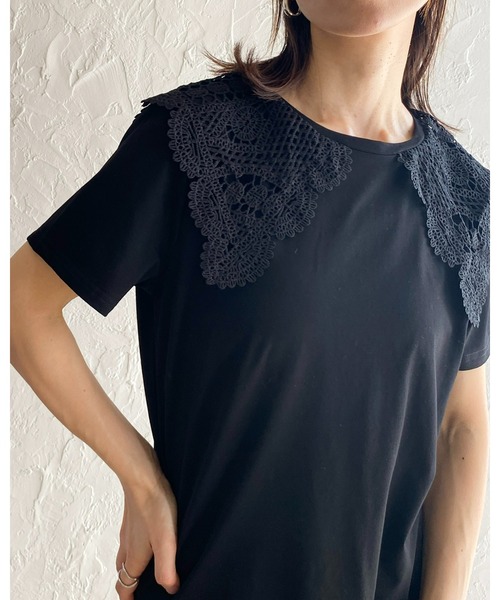 She's Closet（シーズクローゼット）の「クロシェ編みレースビッグ襟セーラーカラー半袖Tシャツ（Tシャツ/カットソー・レディース・ブラック/オフホワイト/ブルー・FREE）」の4枚目の写真