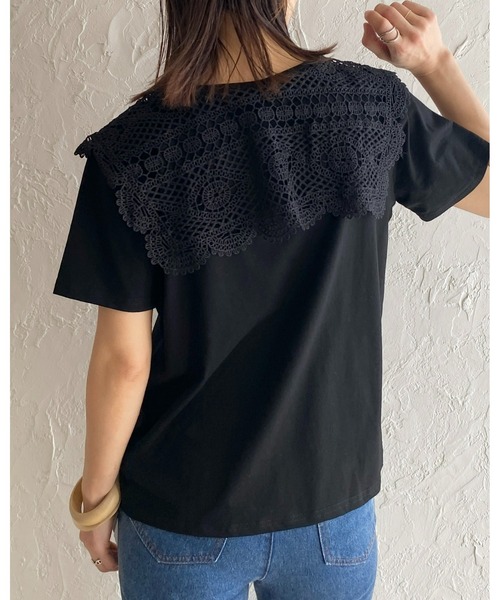 She's Closet（シーズクローゼット）の「クロシェ編みレースビッグ襟セーラーカラー半袖Tシャツ（Tシャツ/カットソー・レディース・ブラック/オフホワイト/ブルー・FREE）」の9枚目の写真