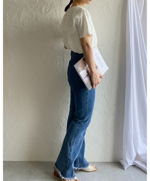 She's Closet（シーズクローゼット）の「クロシェ編みレースビッグ襟セーラーカラー半袖Tシャツ（Tシャツ/カットソー・レディース・ブラック/オフホワイト/ブルー・FREE）」の14枚目の写真