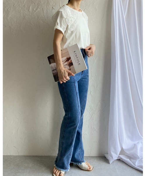 She's Closet（シーズクローゼット）の「クロシェ編みレースビッグ襟セーラーカラー半袖Tシャツ（Tシャツ/カットソー・レディース・ブラック/オフホワイト/ブルー・FREE）」の15枚目の写真
