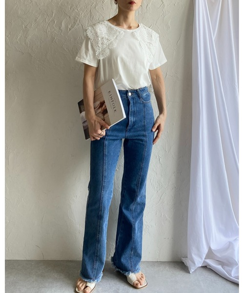 She's Closet（シーズクローゼット）の「クロシェ編みレースビッグ襟セーラーカラー半袖Tシャツ（Tシャツ/カットソー・レディース・ブラック/オフホワイト/ブルー・FREE）」の20枚目の写真