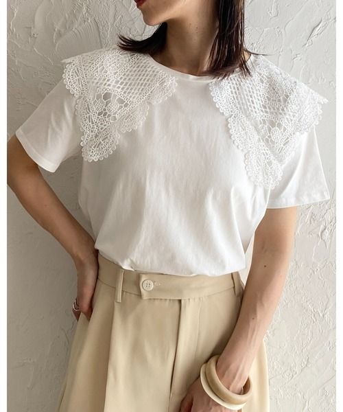 She's Closet（シーズクローゼット）の「クロシェ編みレースビッグ襟セーラーカラー半袖Tシャツ（Tシャツ/カットソー・レディース・ブラック/オフホワイト/ブルー・FREE）」の16枚目の写真
