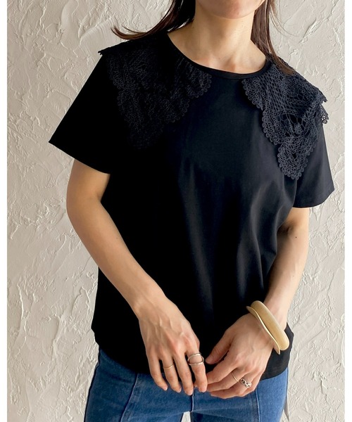 She's Closet（シーズクローゼット）の「クロシェ編みレースビッグ襟セーラーカラー半袖Tシャツ（Tシャツ/カットソー・レディース・ブラック/オフホワイト/ブルー・FREE）」の21枚目の写真